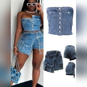 High-Waist Blue Denim Shorts And Top